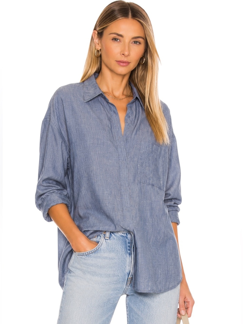 Vince Cotton Wool Blend Chambray Snap Button Shirt Blue Size XS